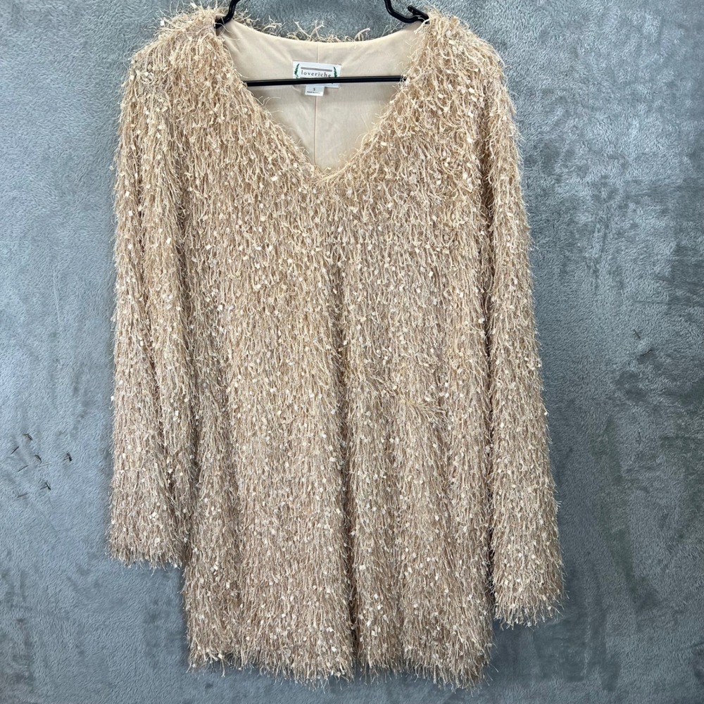 Loveriche Champagne Gold Shaggy Fringe Tinsel Mini‎ Dress S Disco Retro Bohemian
